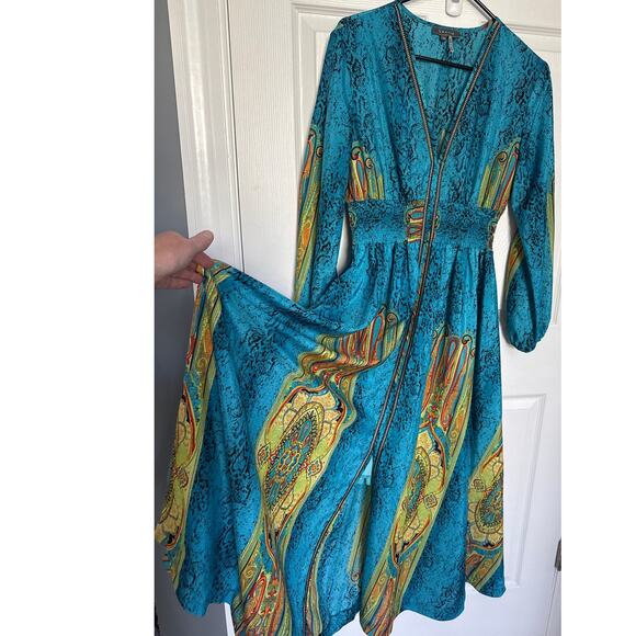 Gracia Maxi Dress Blue Green Smocked Waist Front Slit Boho Whimsical medium - Picture 7 of 16